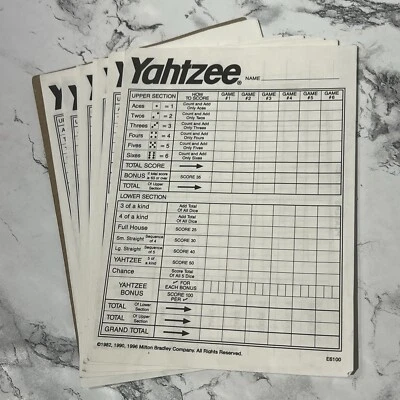Almohadilla de hoja de puntuación de repuesto Yahtzee vintage original 16 hojas 1996 juego familiar Foto 1 de 4
