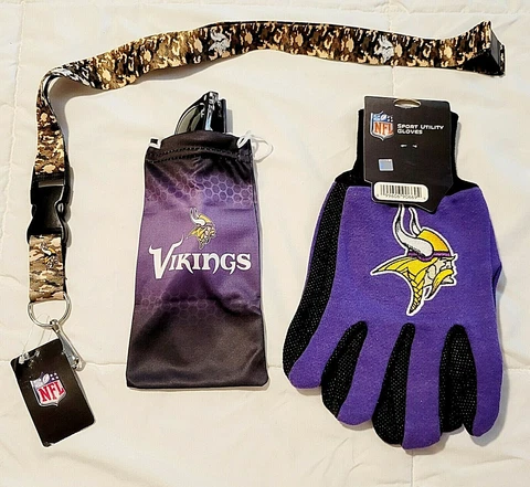 Minnesota Vikings NFL Football Utility Gloves & Sun Glass Pouch + Lanyard Set Cover
