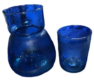 Vintage Blue Pebbled Glass Ice Water Tumble Up Bedside Carafe and Tumbler 7.5" - Picture 1 of 12