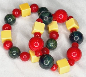 Bakelite Bracelets 1940s LOT OF 2!  Red Green Marbled & Ivory Cream Stretch - Picture 1 of 5