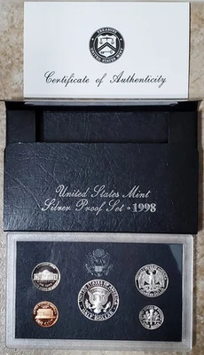 1998 US Mint Silver Proof Set w/Box ,COA. .61487 oz Silver new perfect condition - Image 1 of 2