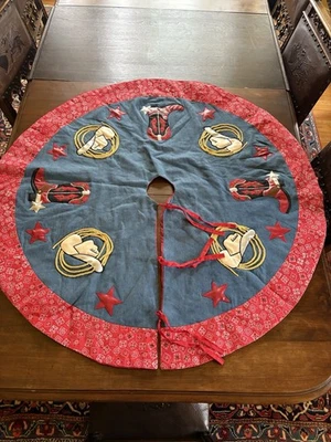 Cowboy Christmas Holiday Tree Skirt 48"D Round Boots Hats Rope Stars Denim Blue - Image 1 of 4
