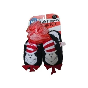 Dr Suess Cat in the Hat Kids Slippers Fits 7 - 10 Free Bath Tub Puff NEW - Picture 1 of 5
