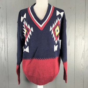 Vintage Oscar De La Renta Sport Sweater Womens Medium Blue Red Artsy Tribal 90s - Picture 1 of 11