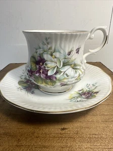 Royal Dover Bone China Cup & Saucer Set Floral Purple Green Blue & Gold Accents - Picture 1 of 4