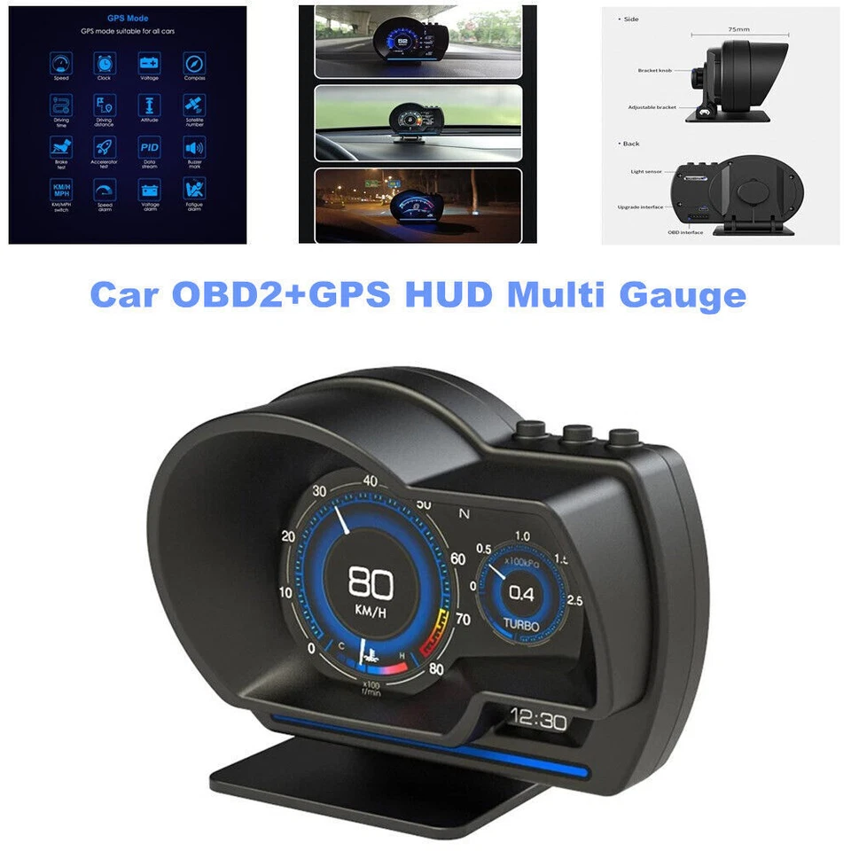 Coche Inteligente OBD2 + GPS HUD Multi Calibre Head-Up Pantalla Digital Velocímetro RPM Alarma Foto 1 de 4