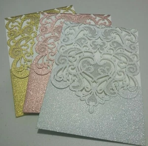 Glitter Laser Cut Wedding Invitations Pocket Card with Envelope 1/10/30/50/100 - Picture 1 of 5