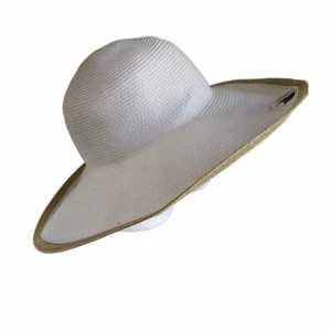 Packable Travel Floppy Straw Hat White with Tan Edge Vacation Mode - Picture 1 of 12