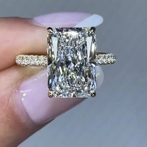 5.25TCW Radiant Cut Moissanite Hidden Halo Engagement Ring Solid 10k Yellow Gold - Picture 1 of 11