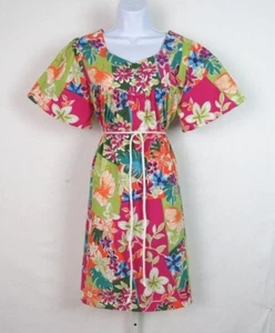 VTG 1990s NATIONAL FLORAL LOUNGE DRESS SIZE MEDIUM COTTON ROPE BELT - Picture 1 of 11