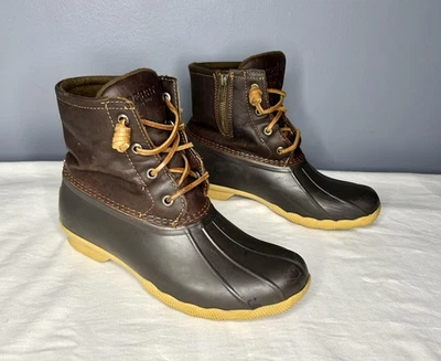 Botas Sperry Pato Agua Salada Mujer Talla 6.5 Cuero Marrón Goma Cremallera Lateral Foto 1 de 4