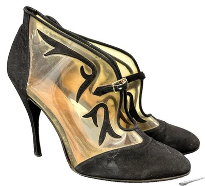 Very Rare Vintage 1960's Clear Plastic Booties with velvet cut out design - 71/2 - Image 1 of 4