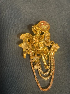 KIRKS FOLLY Rare Vintage 1980's Crystal Enamel Moon Gold Plated Cupid - Picture 1 of 11