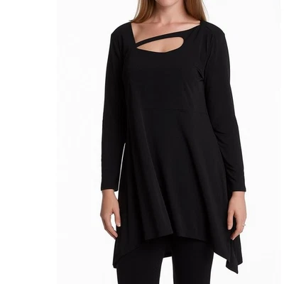 Alfani Asymetrical Hem Cutout Large Black Long Sleeve Tunic Polyester Stretch  - Image 1 of 4
