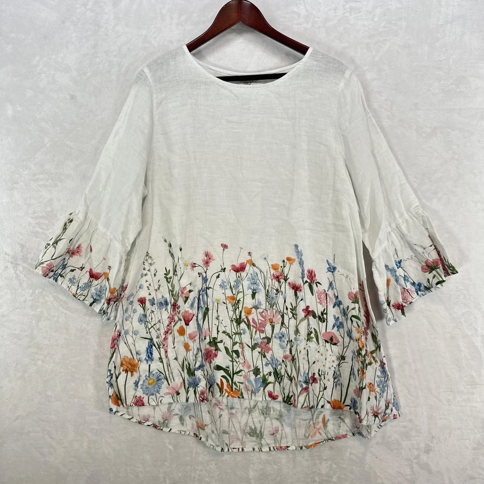 John Mark Shirt Womens XL White Linen Floral Border Print Tunic 3/4 Sleeve Boho - Image 1 of 4