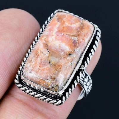 Anillo hecho a mano enchapado en plata 925 de rodocrosita talla 8 de EE. UU. Foto 1 de 3