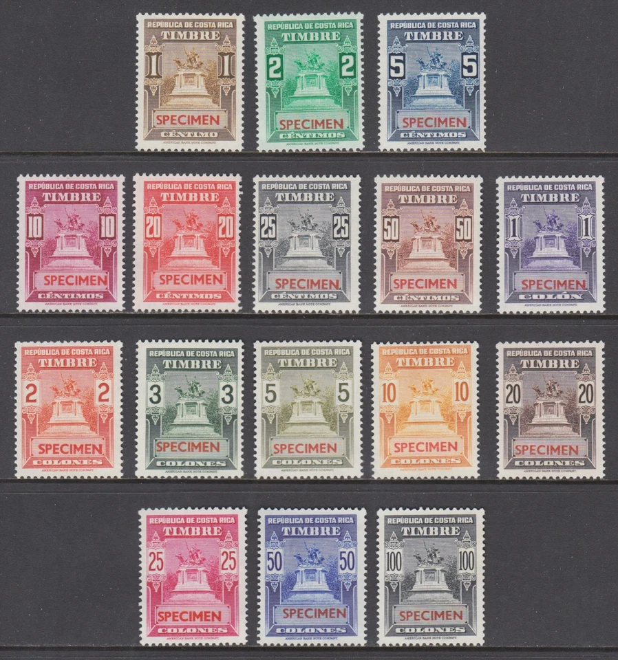 Costa Rica, MNH. c. Ingresos 1935, juego cplt, sobreimpresiones ESPECIMEN rojo, fresco, en muy buen estado Foto 1 de 1