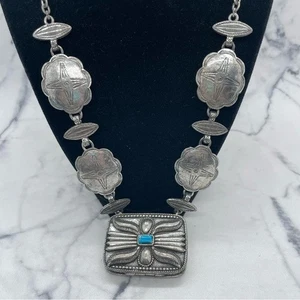Vintage Estée Lauder Silver Tone Southwest Concho Style Necklace Youth-Dew - Picture 1 of 9