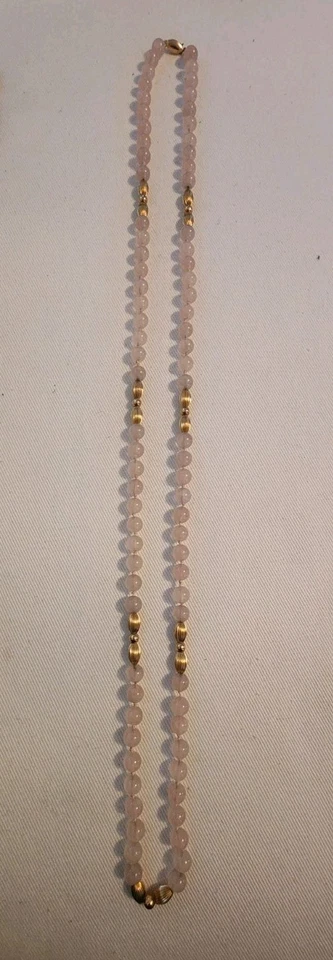Collar de cuentas de cuarzo rosa y oro 14k macizo con detalles de 14 kg - 40" de largo Foto 1 de 4