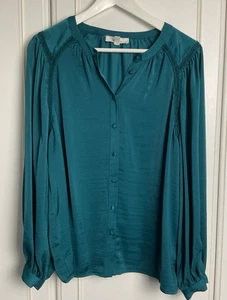 Per Una M&S Satin Top Womens Size UK 16 Teal Green Blouse Boho Puff Sleeves - Picture 1 of 9