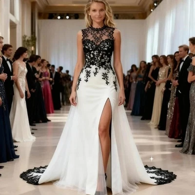 Vestido de novia blanco y negro con tren desmontable abertura lateral encaje vestido de novia Foto 1 de 4