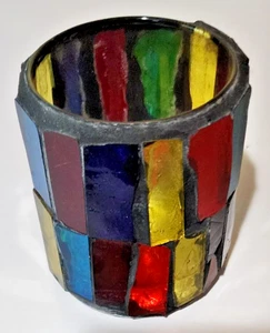 Vintage Mosaic Glass Candle Holder Stained Multicolor 4" Lethbridge Canada Art - Picture 1 of 6