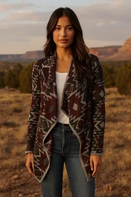 Lucky Brand Cardigan Large Women Red Grey Aztec Boho Long Sleeve Open Front  - Image 1 of 4