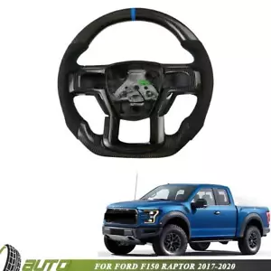 For Ford F150 Raptor 2017-2020 Carbon Fiber Steering Wheel w/ Heated Blue Stripe - Picture 1 of 5