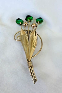 Huge 3 1/2" Vintage 12K Gold Filled Green Crystal Flower Bouquet Brooch - Picture 1 of 10