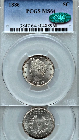 1886 PCGS MS64 CAC True Business Strike, Rarer Than 1885 KEY Liberty Nickel V 5c Cover