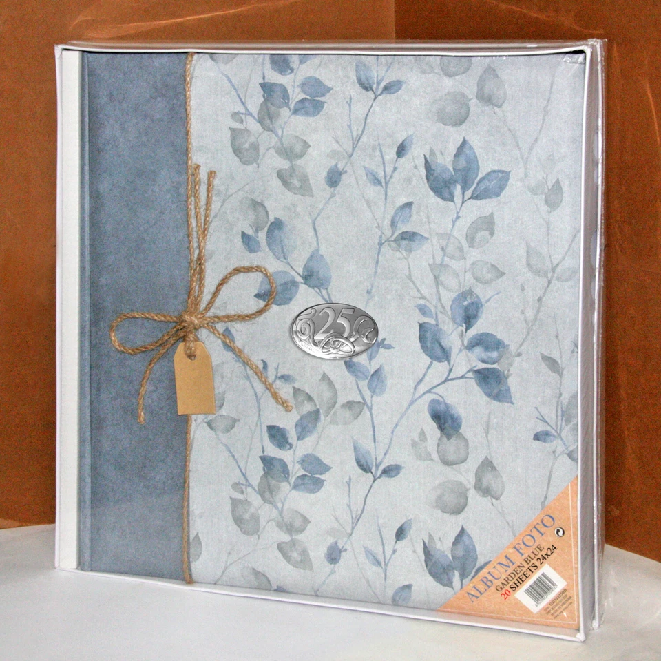 Album fotografico 25° Matrimonio targa argento 24x24 20 fogli Garden Blu - Immagine 1 di 1