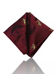 New 9" X 9" Equestrian Themed Pocket Square, Burgundy/Bronze, Horse Print. - Picture 1 of 4