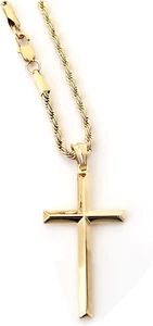 14K Gold Rope Chain Style Cross Religious Pendant Necklace Gifts Men Women 22" - Picture 1 of 6