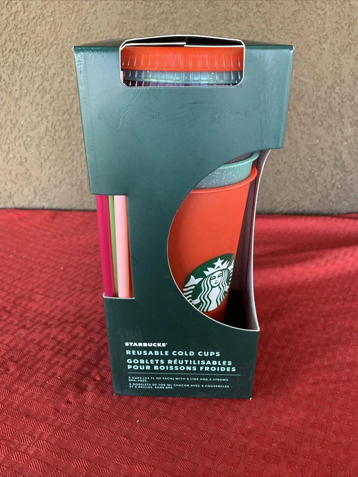 Starbucks 2020 Holiday Reusable Cold Cups Straws Glitter Christmas Red Green