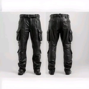 Custom Made Mens Original Leather Cargo Pants Real Black Leather Trousers - Picture 1 of 2