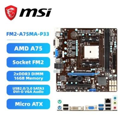 MSI FM2-A75MA-P33 Motherboard M-ATX AMD A75 Socket FM2 DDR3 SATA3 DVI-D VGA+I/O - Image 1 of 4