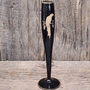 Vintage Tiffin Black Glass Bud Vase Art Deco Black Amethyst w/ Gild Parrot Bird - Picture 1 of 5