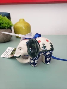 NEW Boleslawiec Wiza Polish Pottery Xmas Ornament ELEPHANT Pine tree Polka Dot - Picture 1 of 5