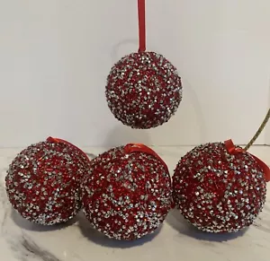 4 Bling Christmas Ball Ornaments Beaded Ball RED/SILVER Holiday Tree 3.5”W - Picture 1 of 7