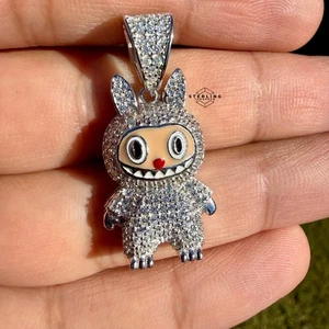 Moissanite Iced Monster Pendant 925 Silver Bling Pass Testers + Free Rope Chain - Picture 1 of 13