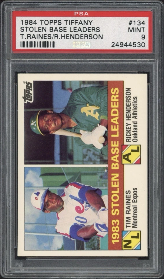 1984 Topps Tiffany Stolen Base Leaders Rickey Henderson Tim Raines #134 PSA 9 MT - Image 1 of 2
