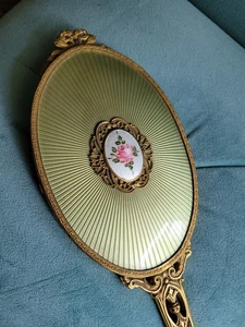 Tocador tocador tocador espejo de mano vintage chapado en oro de 24k con rosa guilloche - Imagen 1 de 9