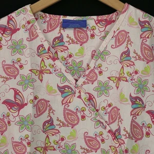 CAROLS SCRUBS TOP BUTTERFLY BUTTERFLIES FLORAL PINK WOMENS SIZE S COTTON BLEND - Picture 1 of 6