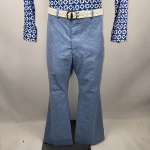 Vintage 70s Bell Bottom Pants Mens 38 31 Wide Flare Leg Disco Hippie Mod w/ Belt - Picture 1 of 21