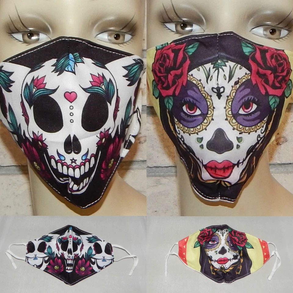 LOT OF 2 SUGAR DAY OF DEAD SKULL WASHABLE COTTON ADJUSTABLE FACE MASK INDIANA - Image 1 of 1
