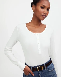 Camiseta Henley blanca manga larga cuello redondo punto gofre Madewell para mujer S Top nueva con etiquetas - Imagen 1 de 12