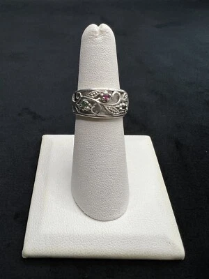 Elegante Anillo Rubí Zafiro Esmeralda Cavado Floral Recortado Plata de Ley Talla 5 Foto 1 de 4