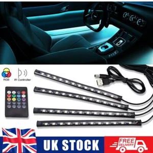 4x LED Neon Car Interior Footwell Light Strip Atmosphere USB RGB Remote Control - Picture 1 of 8