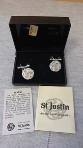 Vintage Past Times St. Justin Zinn Manschettenknöpfe keltisches Pferd, verpackt - Bild 1 von 8