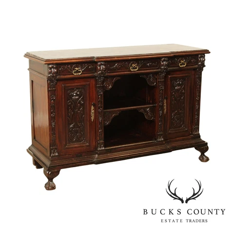 Antique Italian Renaissance Revival Carved Mahogany Marble Top Sideboard Cover